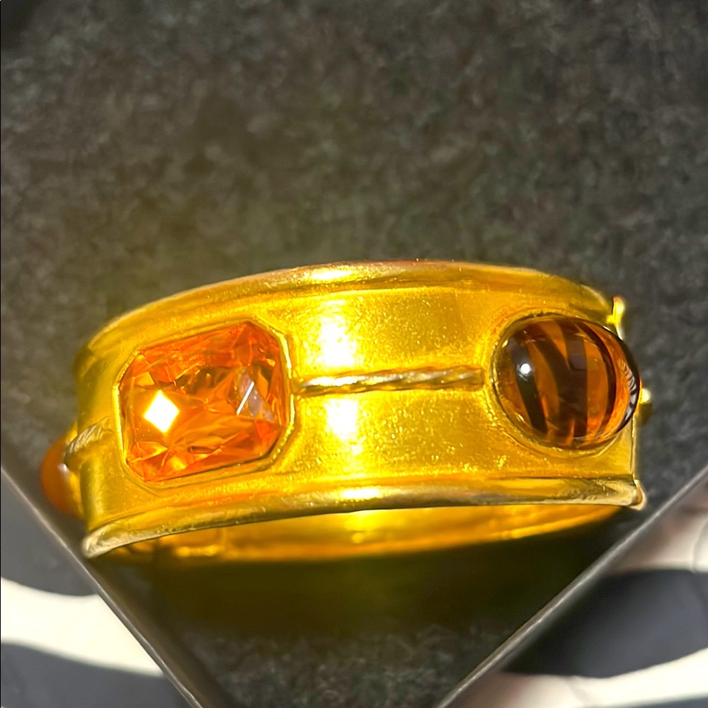 Cuff bracelet Gold tone metal with 3 stones. 1980’s  hinge closure